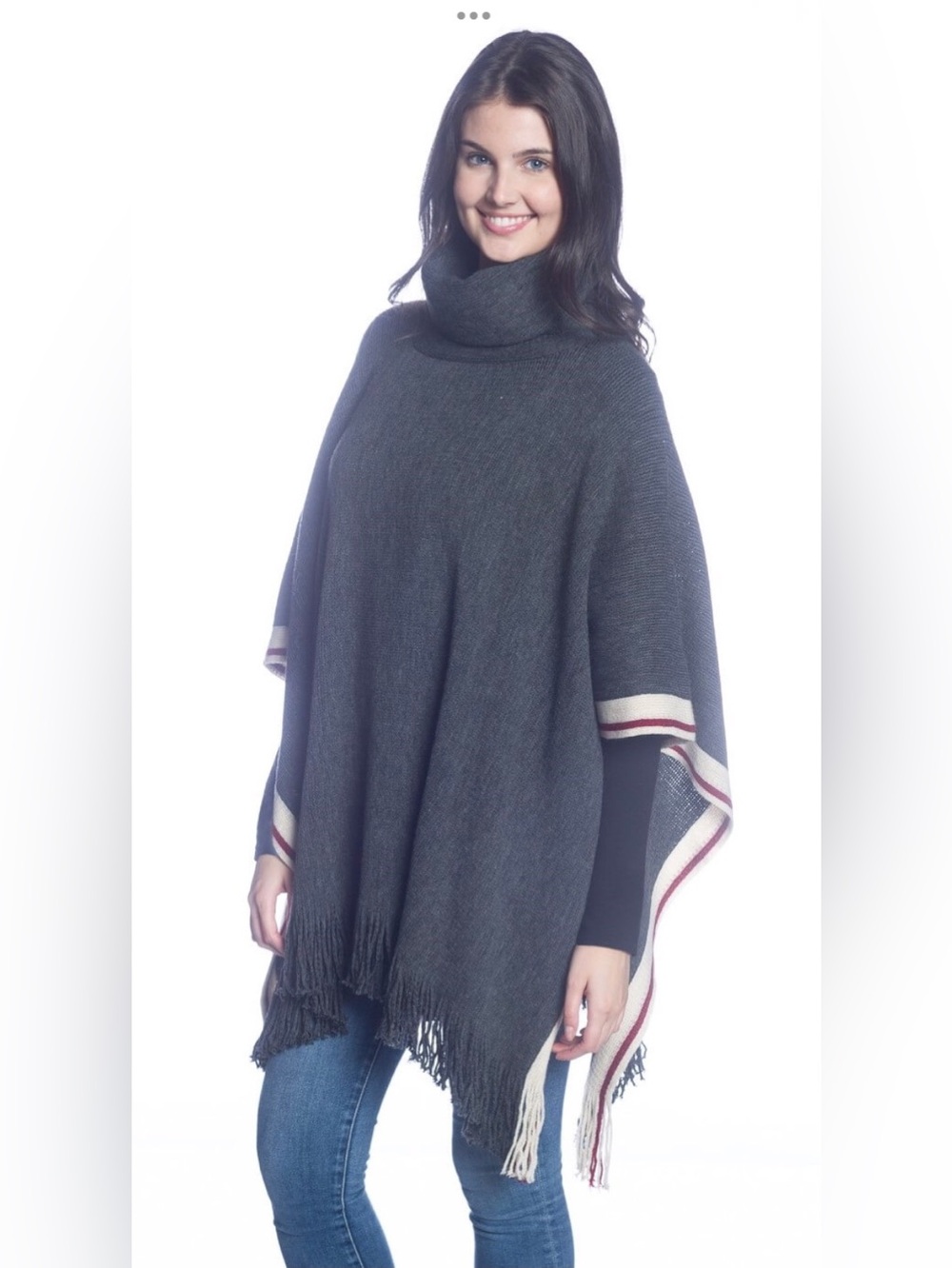 DKR Knit Turtleneck Poncho (Cape) with Contrast Trim & Fringe Hem-Charcoal